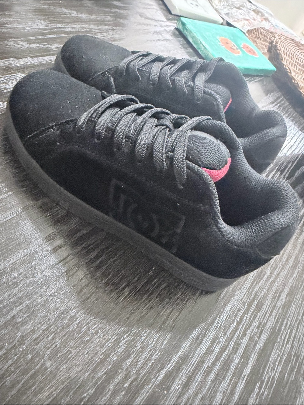DC Kids Black Suede Sneakers with Pink Tongue Accent